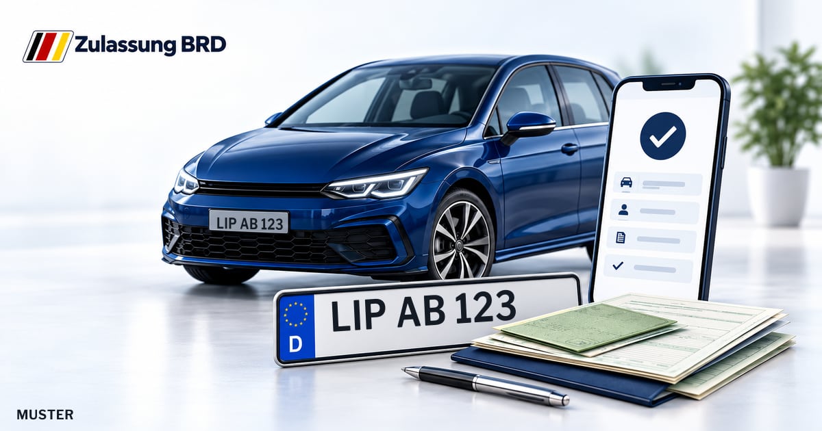 Online Fahrzeugzulassung in Leopoldshöhe: Musterkennzeichen LIP AB 123, Auto und Fahrzeugpapiere und Smartphone. Illustration mit Logo von Zulassung BRD.
